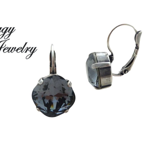 Silver Night Crystal Solitaire Earrings made with Genuine Austrian Crystals - Picture 2 of 6